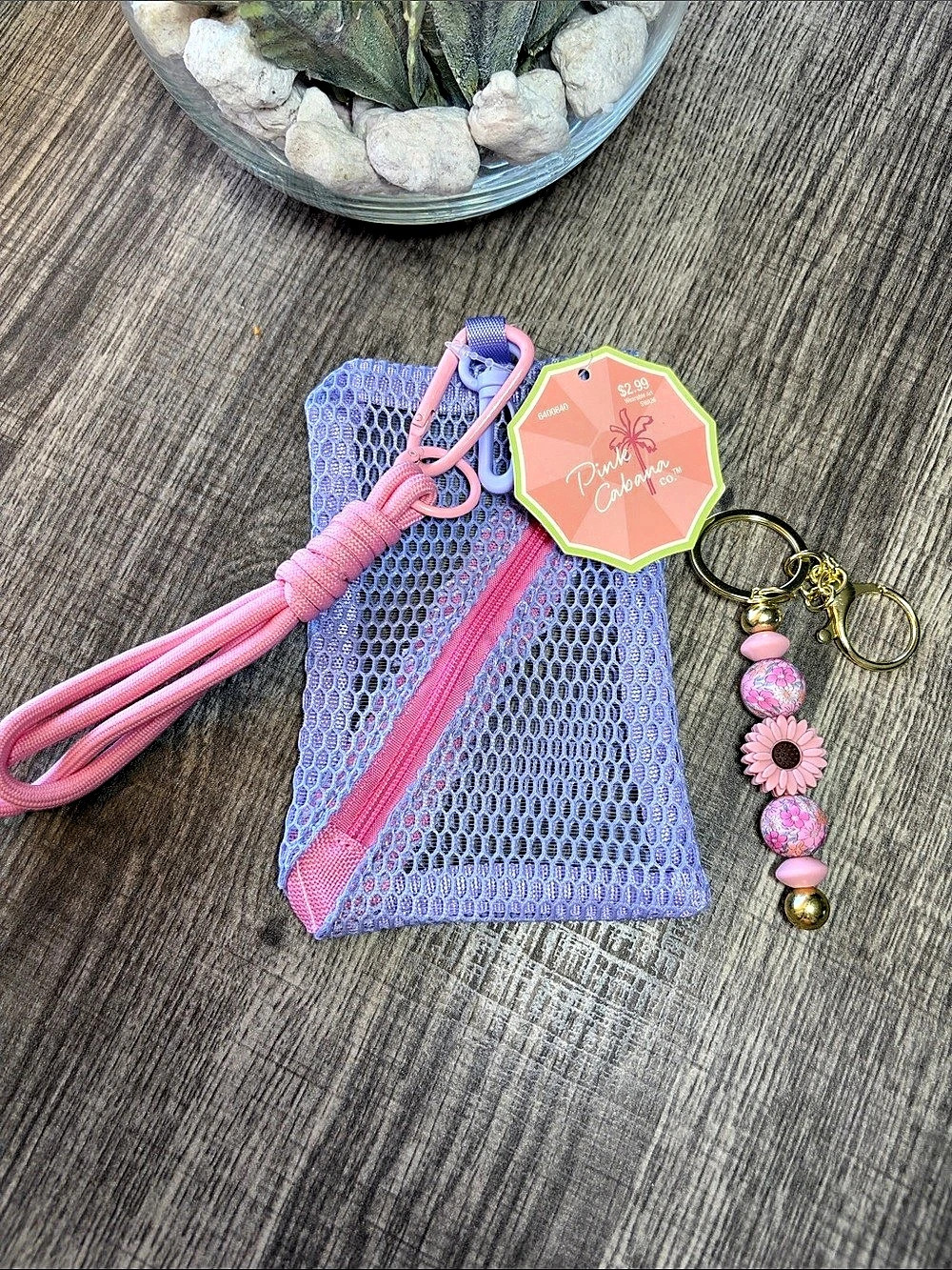 🔥5 for $25🔥 Pink Cabana Co. Mesh Pouch with Handmade Beaded Floral Keychain